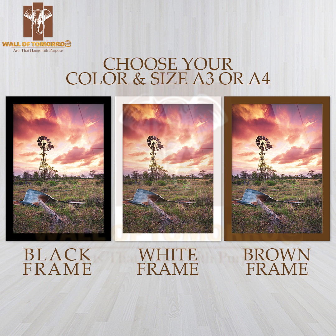 Outback Sunset with Windmill High Quality Glass Frame Wall Décor