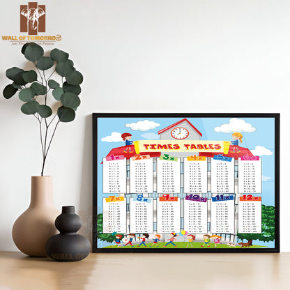 Times Tables Chart with Kids at School Educational High Quality Glass Frame Wall Décor