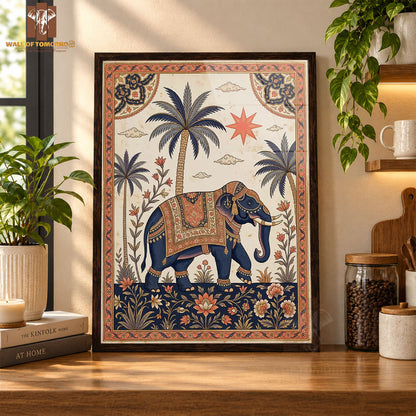 Decorative Indian-style Illustration of a Richly Adorned Elephant Animals High Quality Glass Frame Wall Décor in Sri Lanka