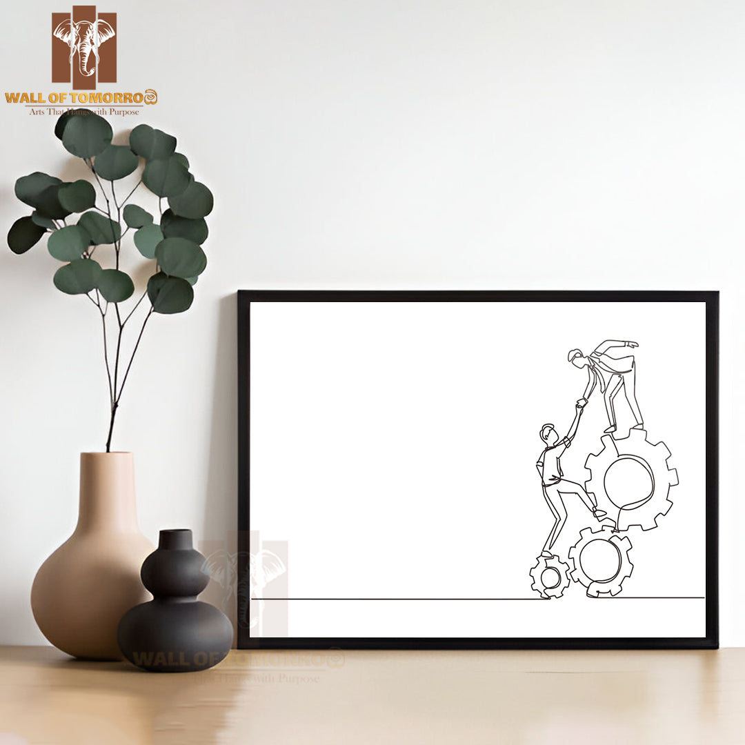 Line Drawing Two Young Businessmen Helping Each Other High Quality Glass Frame Wall Décor