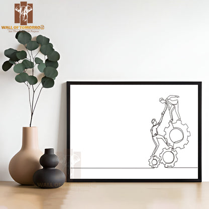 Line Drawing Two Young Businessmen Helping Each Other High Quality Glass Frame Wall Décor