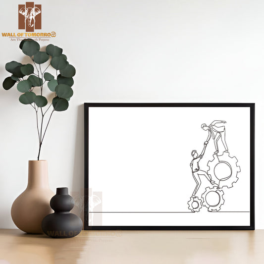 Line Drawing Two Young Businessmen Helping Each Other High Quality Glass Frame Wall Décor