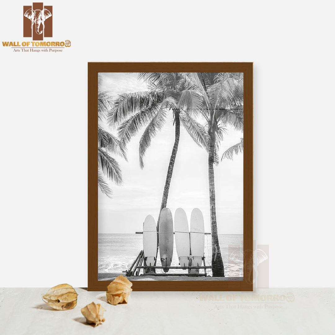 Surfing Boards on Beach B&W High Quality Glass Frame Wall Décor