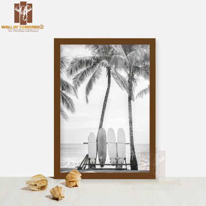 Surfing Boards on Beach B&W High Quality Glass Frame Wall Décor