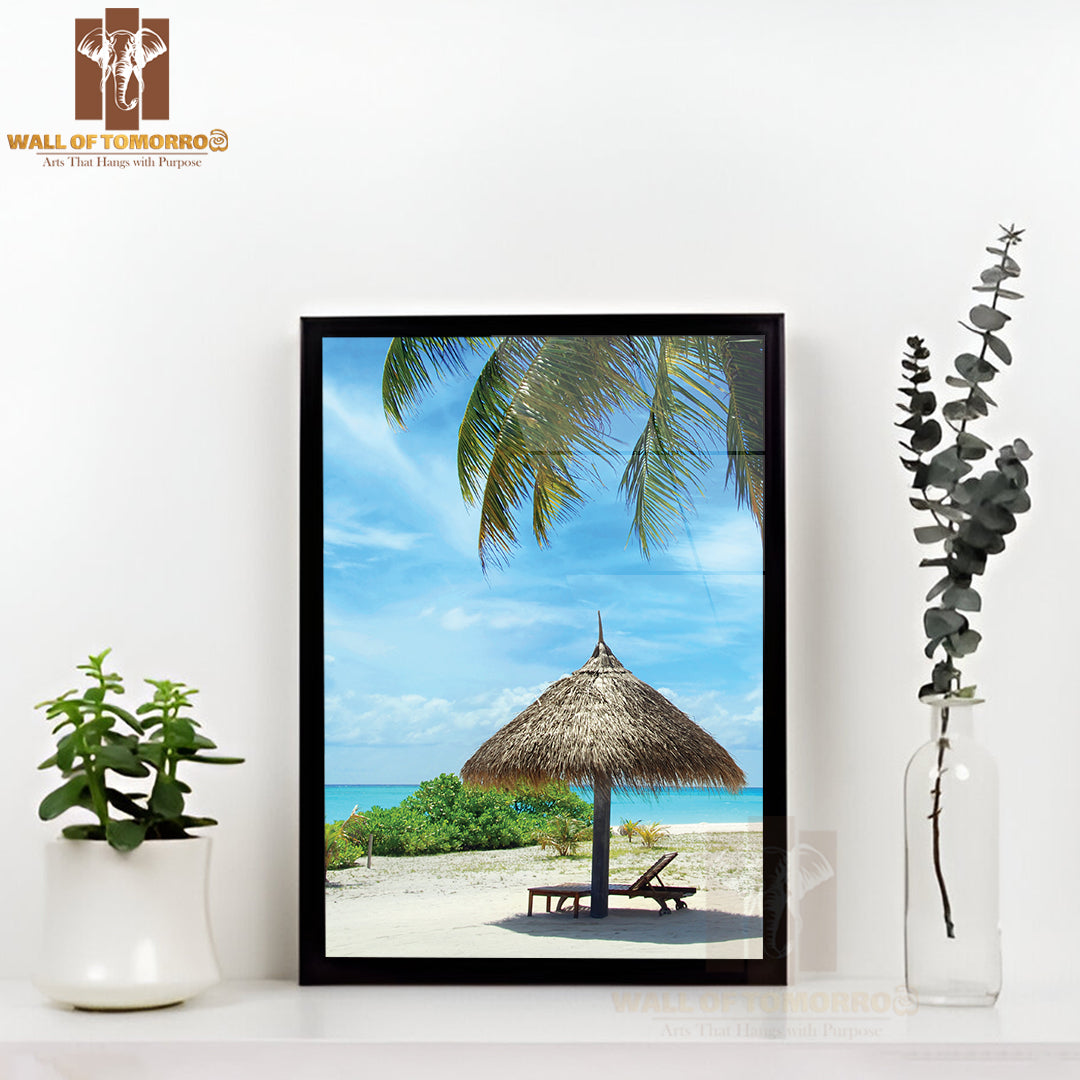 Beautiful White Maldivian Beach with Palm High Quality Glass Frame Wall Décor
