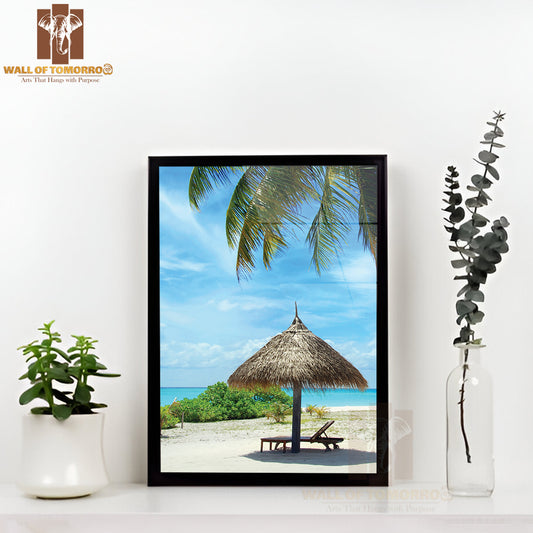 Beautiful White Maldivian Beach with Palm High Quality Glass Frame Wall Décor