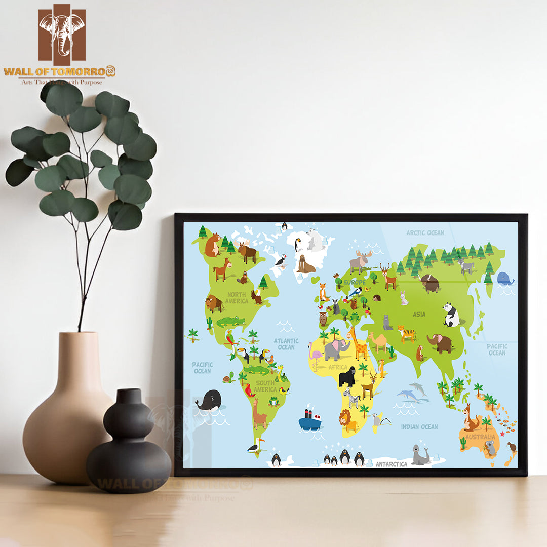 Animal World Map Educational High Quality Glass Frame Wall Décor