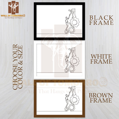 Line Drawing Two Young Businessmen Helping Each Other High Quality Glass Frame Wall Décor