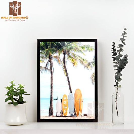 Surfboards on a Sandy Beach High Quality Glass Frame Wall Décor