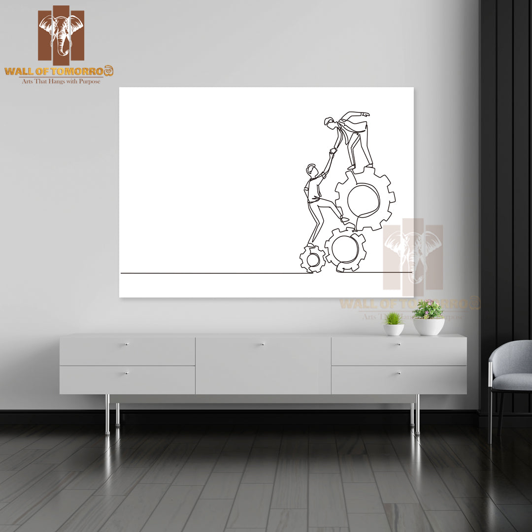 Line Drawing Two Young Businessmen Helping Each Other High Quality Unframed Poster Print & Waterproof Poster Print Wall Décor