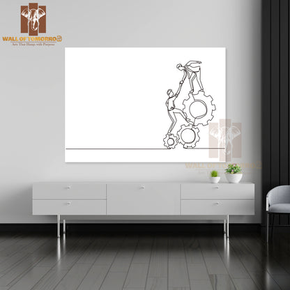 Line Drawing Two Young Businessmen Helping Each Other High Quality Unframed Poster Print & Waterproof Poster Print Wall Décor