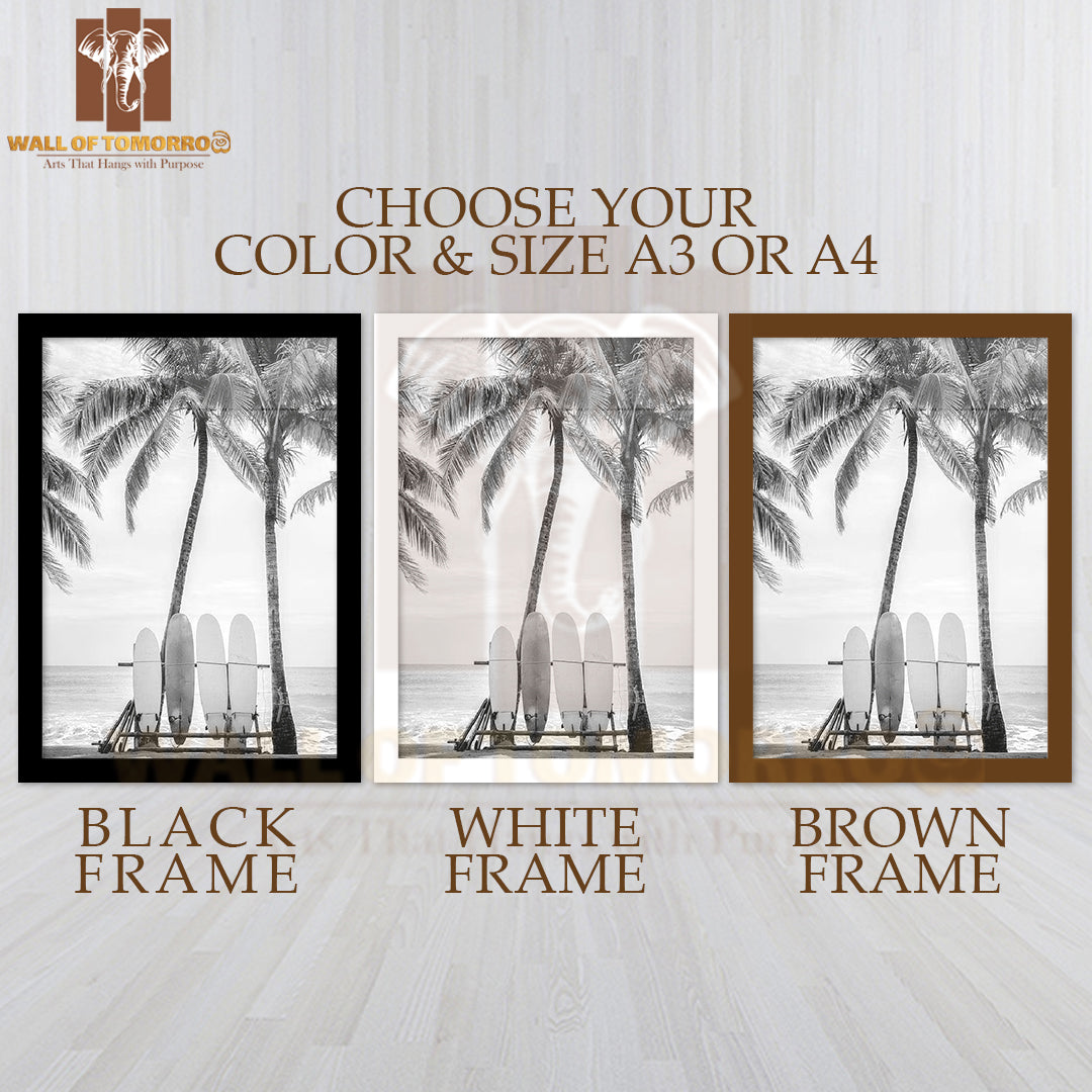 Surfing Boards on Beach B&W High Quality Glass Frame Wall Décor