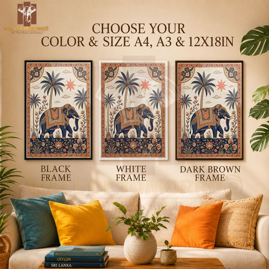 Decorative Indian-style Illustration of a Richly Adorned Elephant Animals High Quality Glass Frame Wall Décor in Sri Lanka