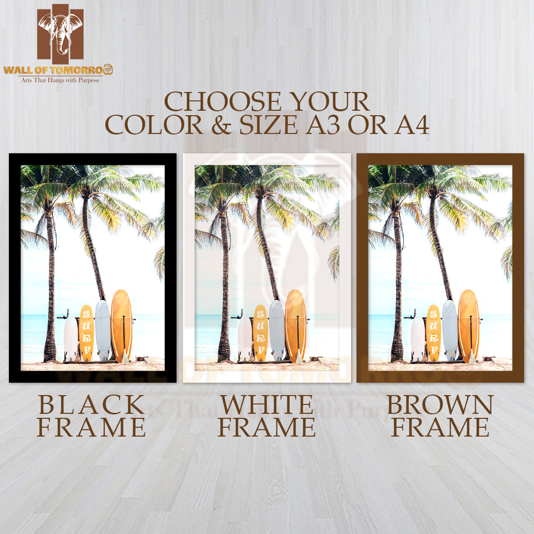 Surfboards on a Sandy Beach High Quality Glass Frame Wall Décor