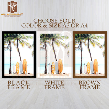 Surfboards on a Sandy Beach High Quality Glass Frame Wall Décor