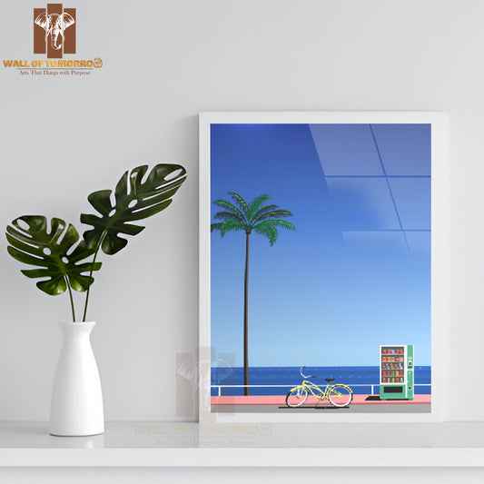 Vending Machine & Bike Parked on A Sidewalk High Quality Glass Frame Wall Décor