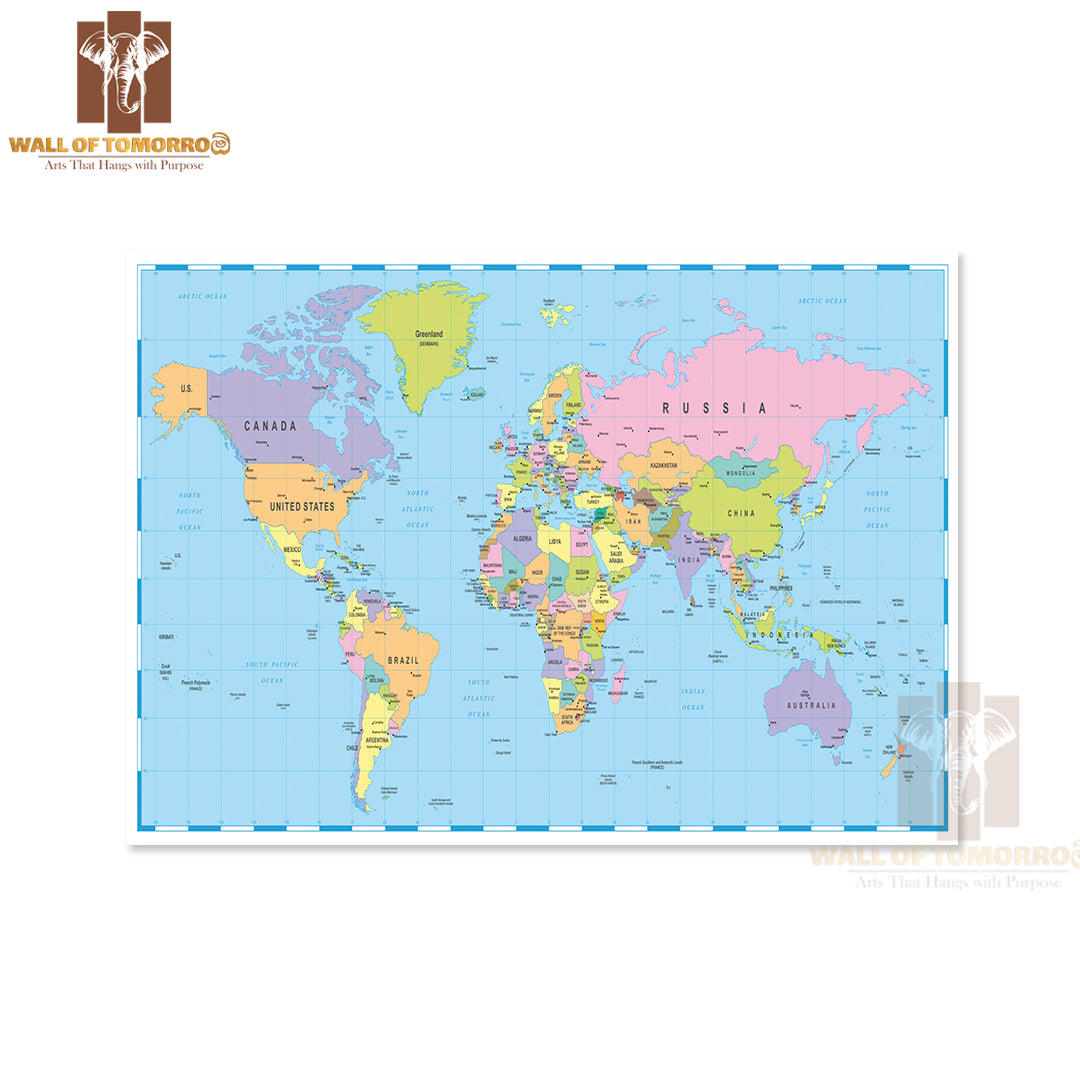 Borders, Countries and Cities World Map Educational High Quality Unframed Poster Print & Waterproof Poster Print Wall Décor