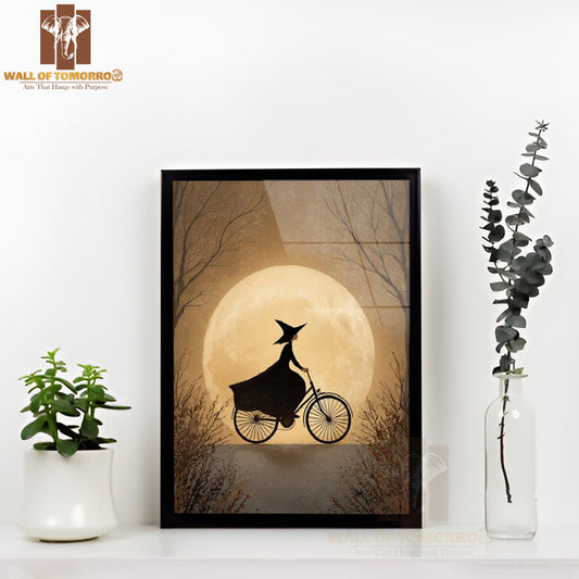 Vintage Witch Riding Bicycle Halloween High Quality Glass Frame Wall Décor