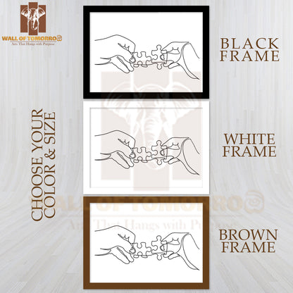 Line Drawing of Hands Solving Jigsaw Puzzle High Quality Glass Frame Wall Décor