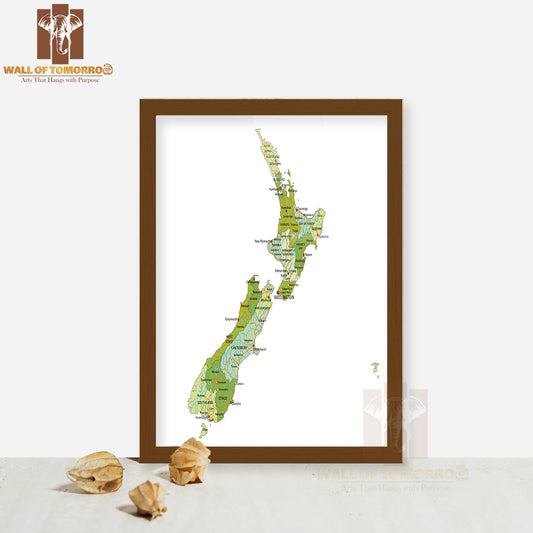 Highly Detailed Political New Zealand Map Educational High Quality Glass Frame Wall Décor