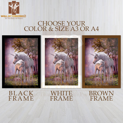 White Unicorn Doe and Fawn Spend Their Peaceful Time High Quality Glass Frame Wall Décor