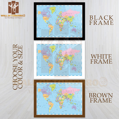 Borders, Countries and Cities World Map Educational High Quality Glass Frame Wall Décor