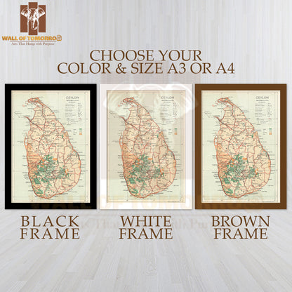 Ceylon, Sri Lanka, Rubber Tea Coconut Cocoa & railways 1919 old antique map High Quality Glass Frame Wall Décors in Sri Lanka