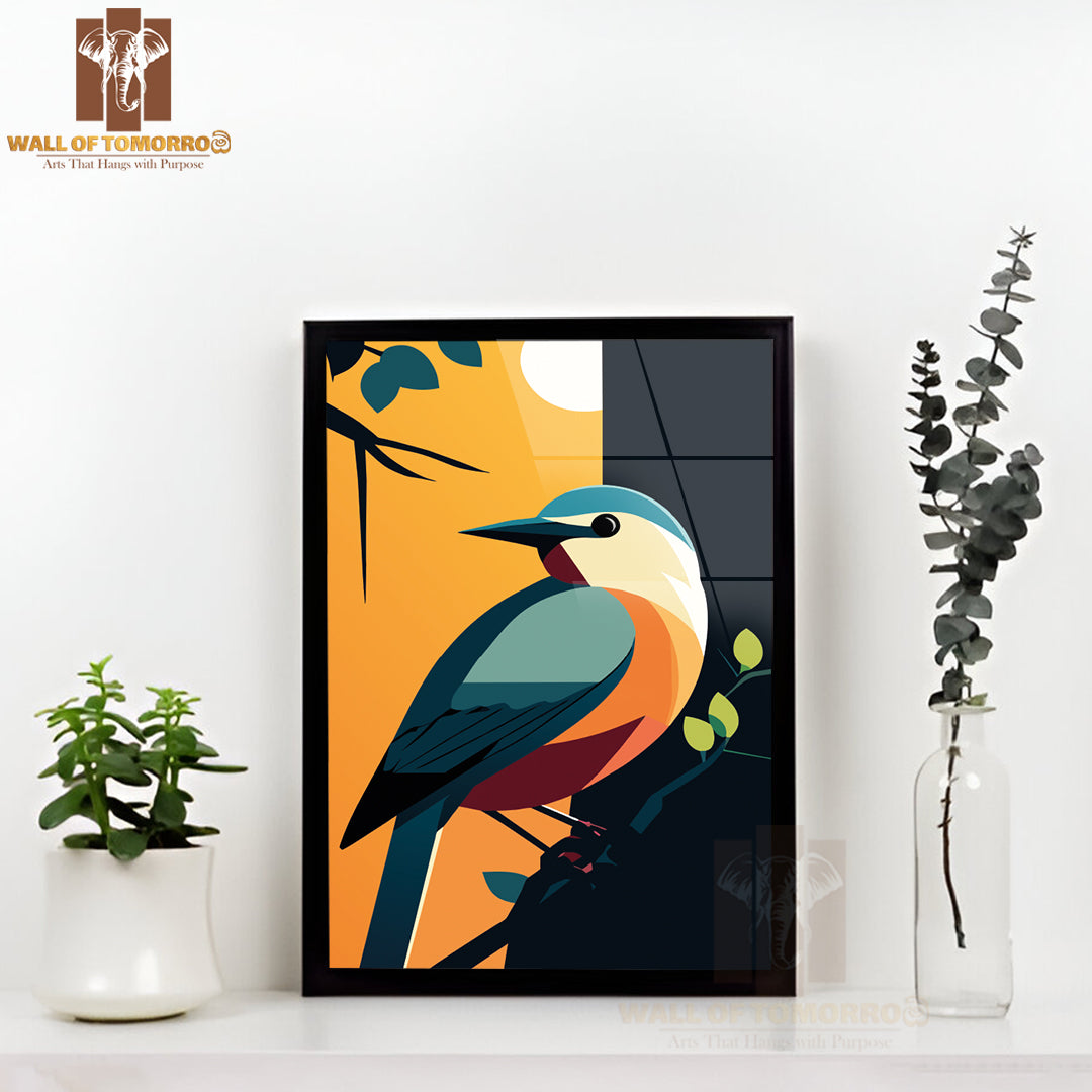 Vibrant Bird Perched on a Branch, Silhouetted Against a Stunning Sunset High Quality Glass Frame Wall Décors in Sri Lanka