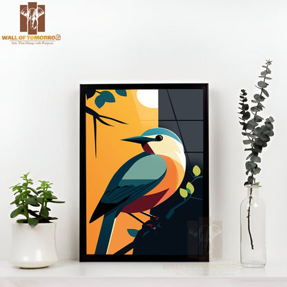 Vibrant Bird Perched on a Branch, Silhouetted Against a Stunning Sunset High Quality Glass Frame Wall Décors in Sri Lanka