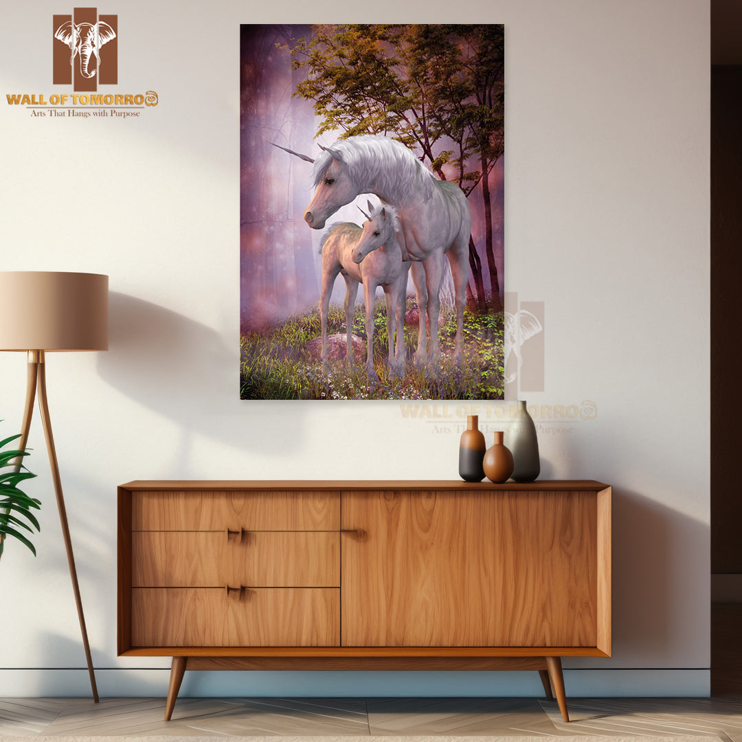 White Unicorn Doe and Fawn Spend Their Peaceful Time High Quality Unframed Poster Print & Waterproof Poster Print Wall Décor