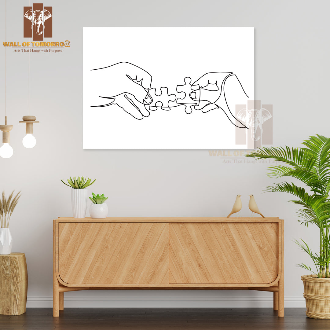 Line Drawing of Hands Solving Jigsaw Puzzle High Quality Unframed Poster Print & Waterproof Poster Print Wall Décor
