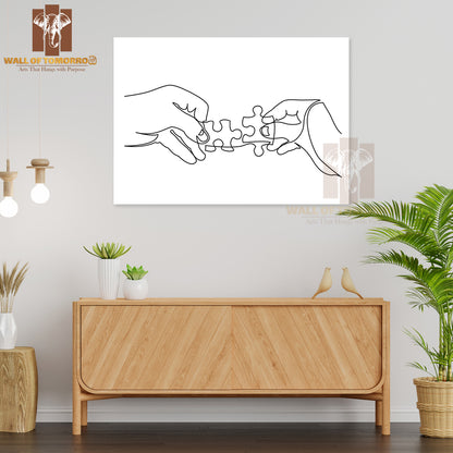 Line Drawing of Hands Solving Jigsaw Puzzle High Quality Unframed Poster Print & Waterproof Poster Print Wall Décor