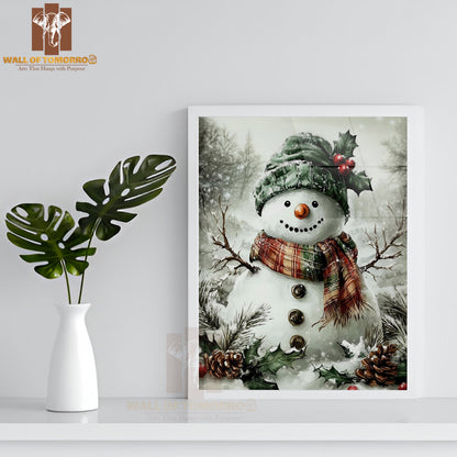 Snowman and Forest Snowfall in Winter High Quality Glass Frame Wall Décor