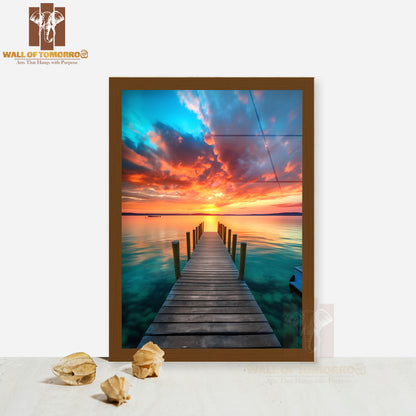 Dock With a Boat on The Water at Sunset High Quality Glass Frame Wall Décor