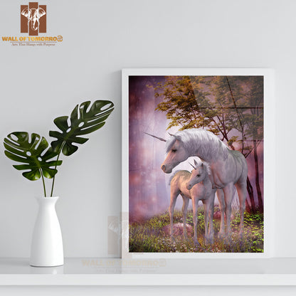 White Unicorn Doe and Fawn Spend Their Peaceful Time High Quality Glass Frame Wall Décor