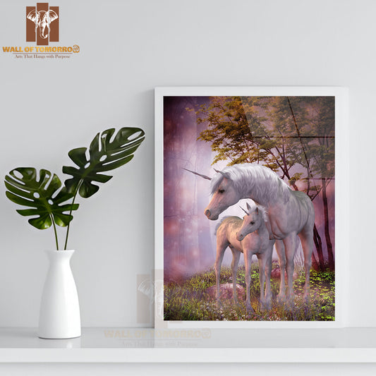 White Unicorn Doe and Fawn Spend Their Peaceful Time High Quality Glass Frame Wall Décor