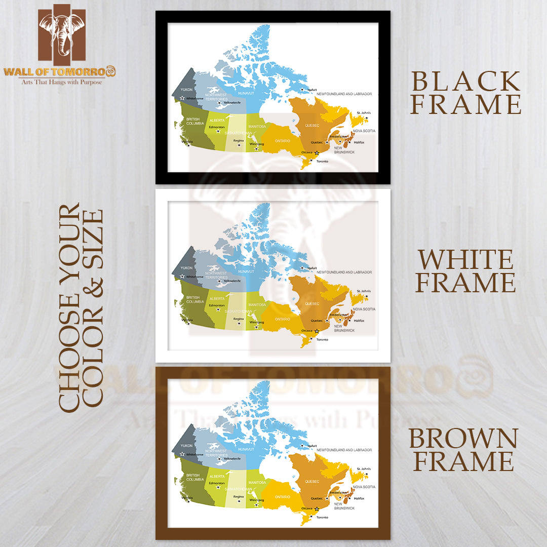 Map Of Provinces and Territories of Canada Educational High Quality Glass Frame Wall Décor