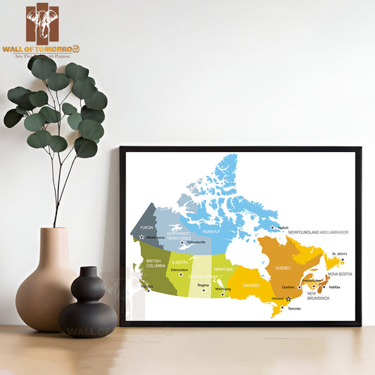 Map Of Provinces and Territories of Canada Educational High Quality Glass Frame Wall Décor