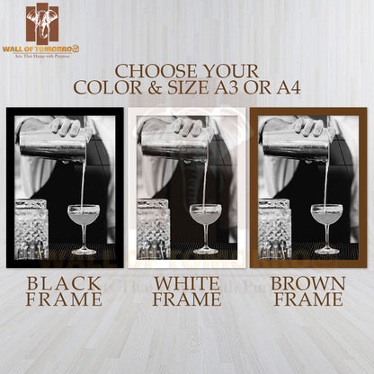 Bartender Cocktail B&W High Quality Glass Frame Wall Décor