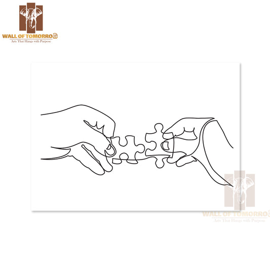 Line Drawing of Hands Solving Jigsaw Puzzle High Quality Unframed Poster Print & Waterproof Poster Print Wall Décor
