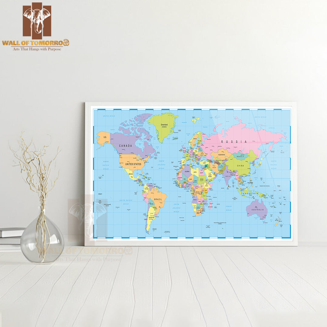 Borders, Countries and Cities World Map Educational High Quality Glass Frame Wall Décor