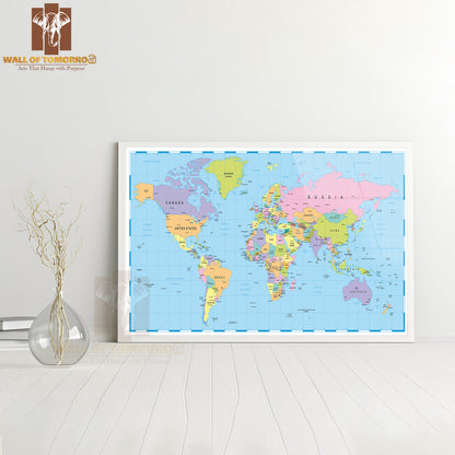 Borders, Countries and Cities World Map Educational High Quality Glass Frame Wall Décor