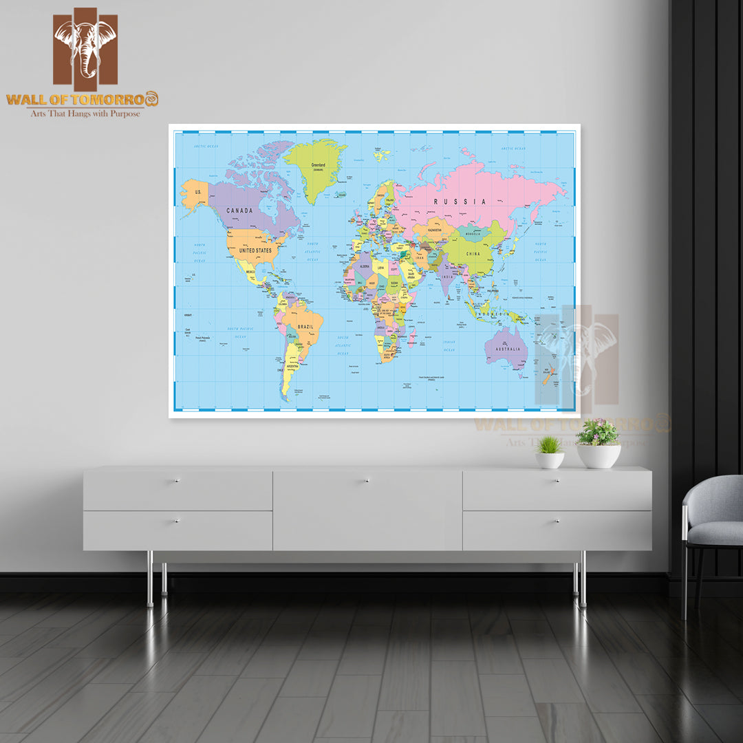 Borders, Countries and Cities World Map Educational High Quality Unframed Poster Print & Waterproof Poster Print Wall Décor