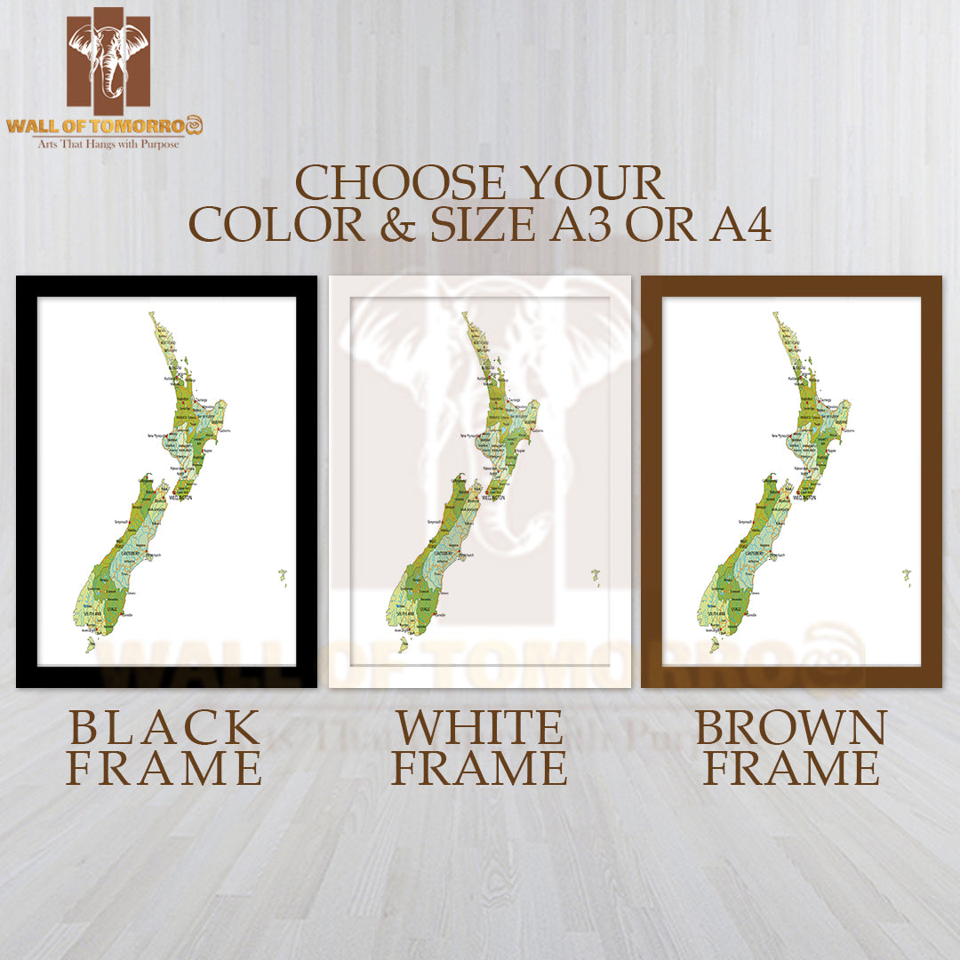 Highly Detailed Political New Zealand Map Educational High Quality Glass Frame Wall Décor