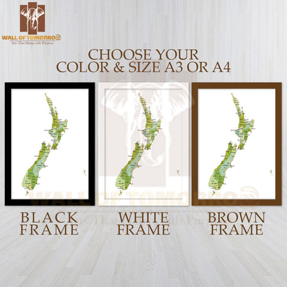 Highly Detailed Political New Zealand Map Educational High Quality Glass Frame Wall Décor