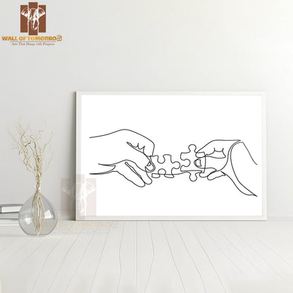 Line Drawing of Hands Solving Jigsaw Puzzle High Quality Glass Frame Wall Décor