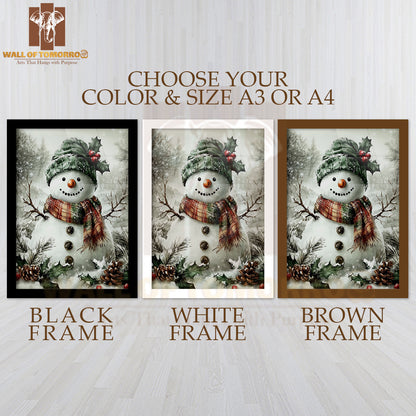 Snowman and Forest Snowfall in Winter High Quality Glass Frame Wall Décor