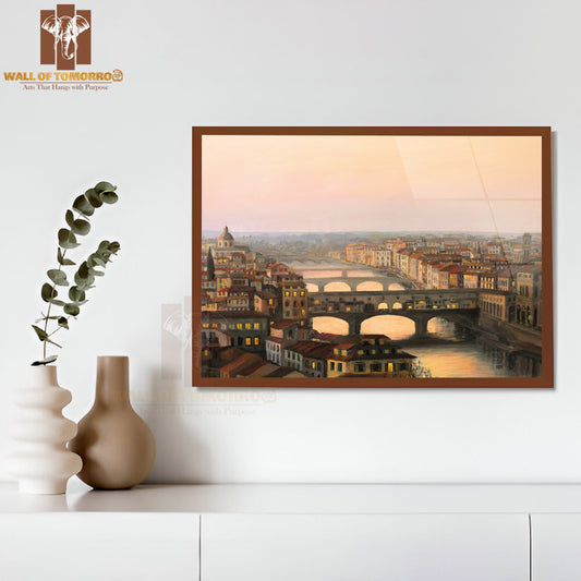 Sunset Over Florence with The River Arno and Famous Ponte Vecchio Enlighten by The Warm Sunlight High Quality Unframed Poster Print & Waterproof Poster Print Wall Décor