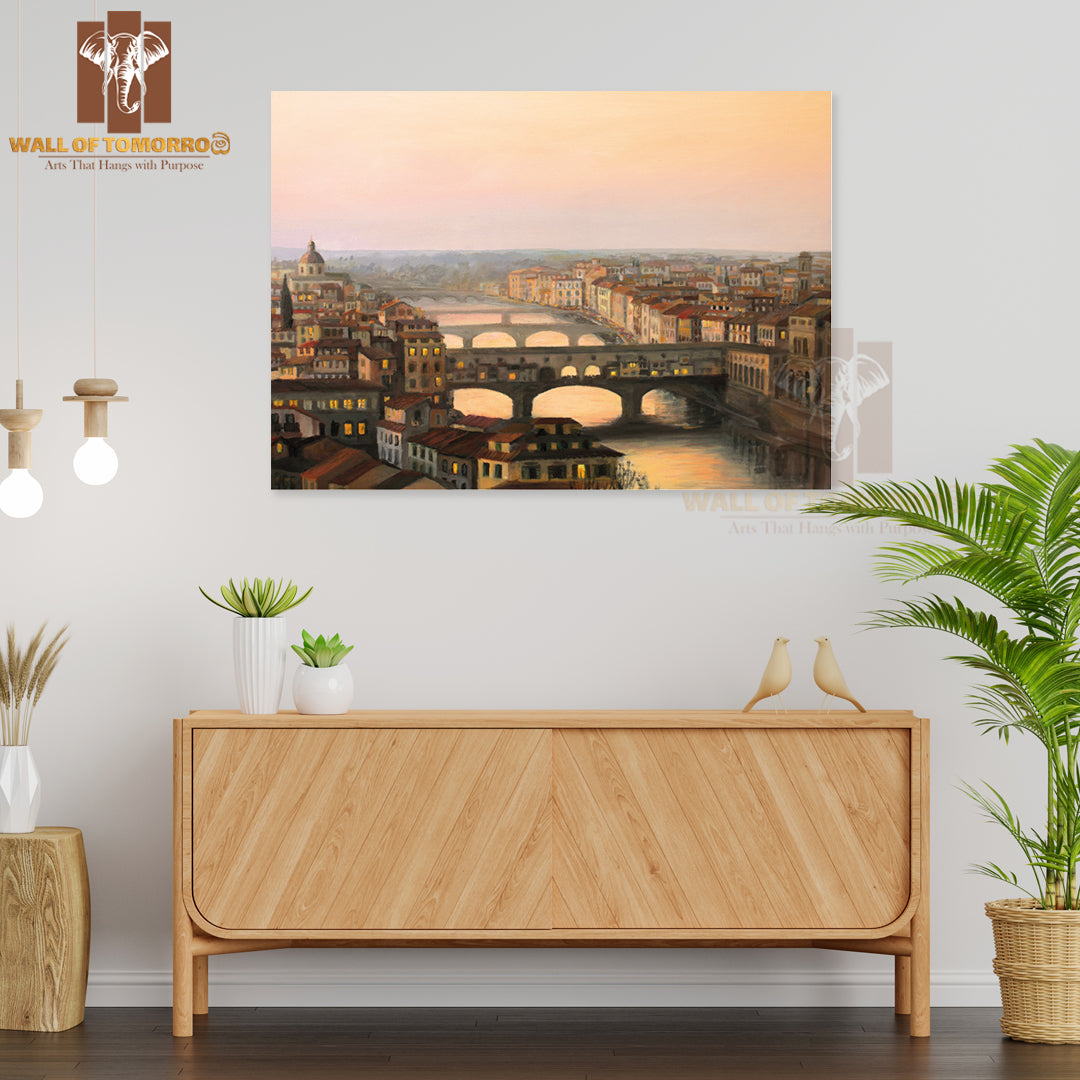 Sunset Over Florence with The River Arno and Famous Ponte Vecchio Enlighten by The Warm Sunlight High Quality Unframed Poster Print & Waterproof Poster Print Wall Décor