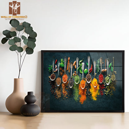 Variety Of Spices and Spoons on A Table High Quality Glass Frame Wall Décor